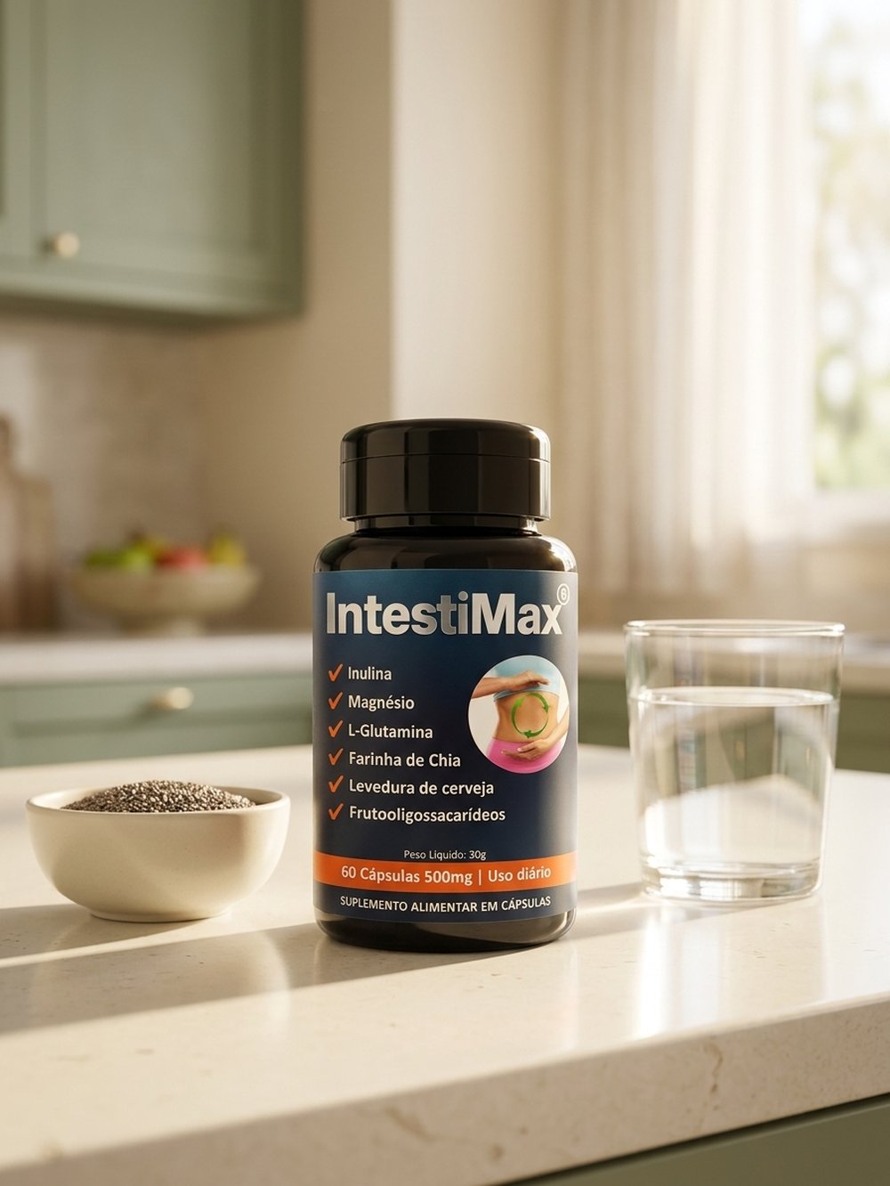 Frasco do suplemento alimentar IntestiMax em uma bancada de cozinha ao lado de um copo de água e uma tigela de chia — 60 cápsulas de 500mg